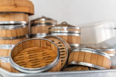 Stack of bamboo steamers in a kitchen Stock Photos