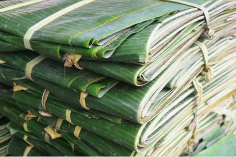Stack of banana leaf for sell in pak khlong talat Stock Photos