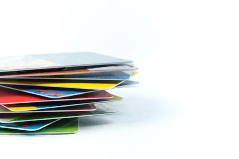 Stack of bank cards on a white background. black friday, sale Stock Photos
