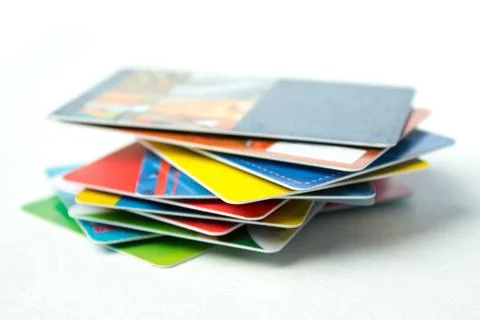 Stack of bank cards on a white background. black friday, sale Stock Photos