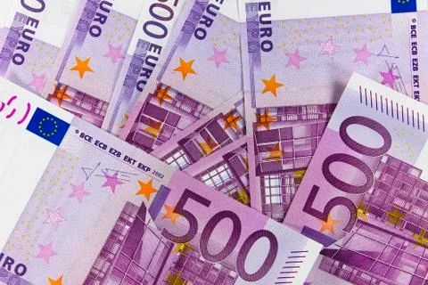 A stack of banknotes of 500 euro, background close-up. Foto stock