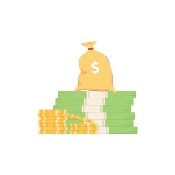 Stack of banknotes and coins with dollars flat vector illustration isolated. イラスト素材