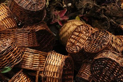 Stack of baskets at the flower shop Stock Photos