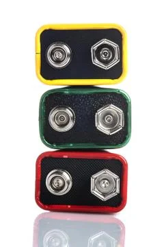 Stack of batteries 9 Volt isolated on white Stock-Fotos