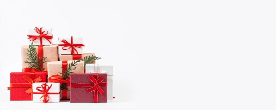 Stack of beautiful gift boxes on white background. Festive New Year concept. 스톡 사진