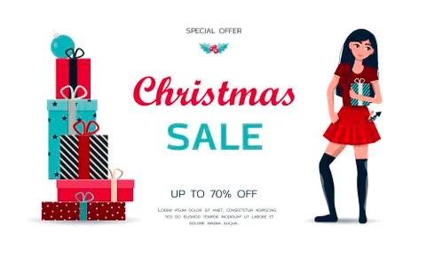 A stack of beautiful gifts for the new year s sale and black Friday. Young girl Stock Illustration