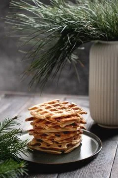 Stack of Belgian waffles on dark background Stock Photos