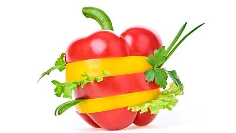Stack bell pepper, greens flying in air cutout minimal. Vegan vitamin compo.. Stockfoto's