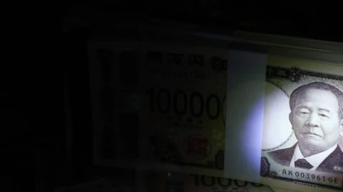 Stack of bills illuminated by a light in the dark Stock-Footage 310028598