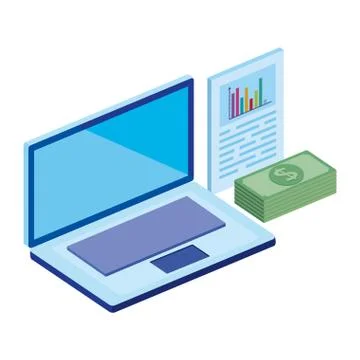 Stack bills with laptop and infographic Illustrazione stock