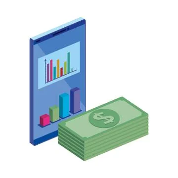 Stack bills with smartphone isolated icon Stock Illustration
