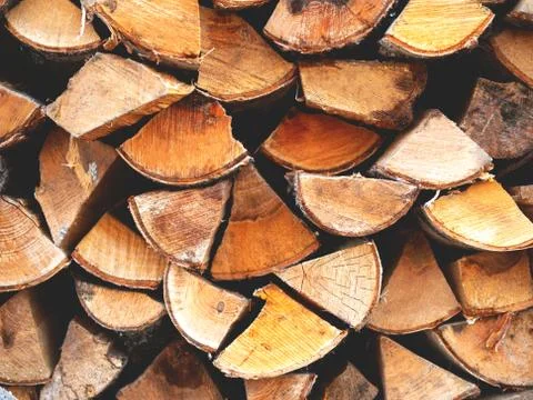 The stack of birch chopped billet with the flow focus. Stock Photos