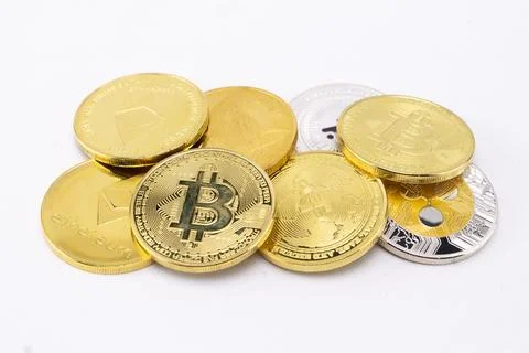 Stack of Bitcoin and Altcoin Cryptocurrency Coins on White Background, Gold.. Stock Photos