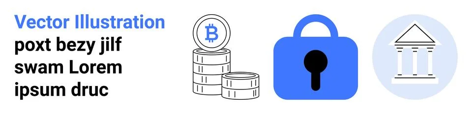 Stack of Bitcoin coins, a blue padlock with a keyhole, and a traditional bank Illustrazione stock