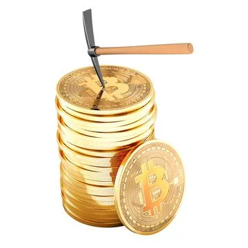 Stack of bitcoin coins with pickaxe. Bitcoin mining, concept. 3D rendering Illustrazione stock