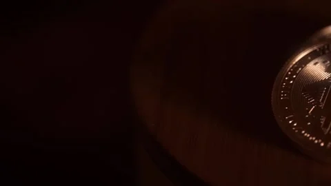 Stack Of Bitcoin Coins On The Table With Dark Background. - close up, pan Stock Footage 197629186