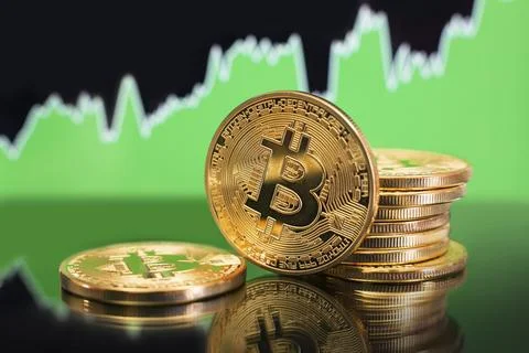 Stack of Bitcoin gold coins in front of a green bullish trend chart. Price rise Foto stock
