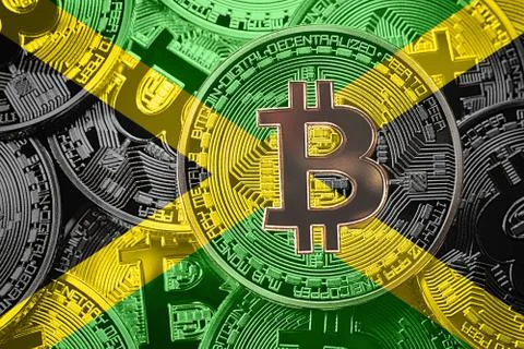 Stack of Bitcoin Jamaica flag. Bitcoin cryptocurrencies concept. BTC backgrou Stock Photos
