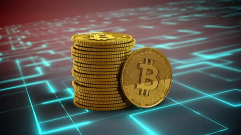 Stack of Bitcoin with One in Front on Display on Technology Grid Stock Footage 155997529