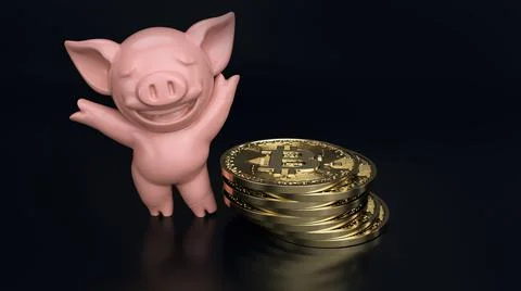 Stack of bitcoin with pink colour pig digital currency. Cryptocurrency BTC th イラスト素材