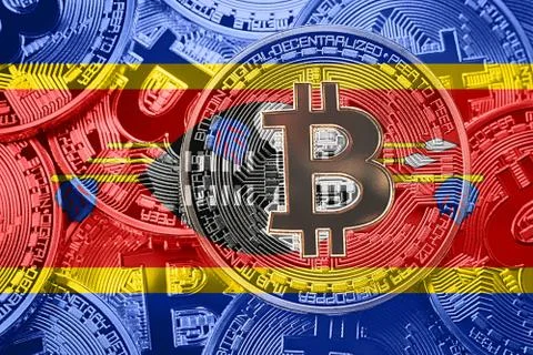 Stack of Bitcoin Swaziland flag. Bitcoin cryptocurrencies concept. BTC backgr Stock Photos