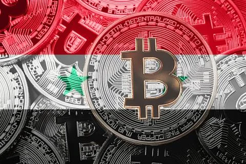 Stack of Bitcoin Syria flag. Bitcoin cryptocurrencies concept. BTC background Stock Photos