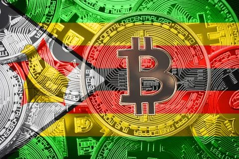 Stack of Bitcoin Zimbabwe flag. Bitcoin cryptocurrencies concept. BTC backgro Stock Photos