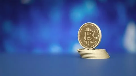 Stack of bitcoins on blue background to illustrate blockchain and cyber curre Illustrazione stock