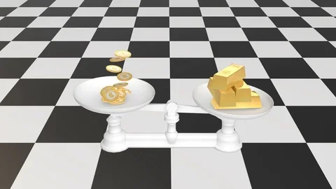 Stack of bitcoins fall down on a balance scales. Bitcoin outweighs golden bars. Stock Footage 73233186