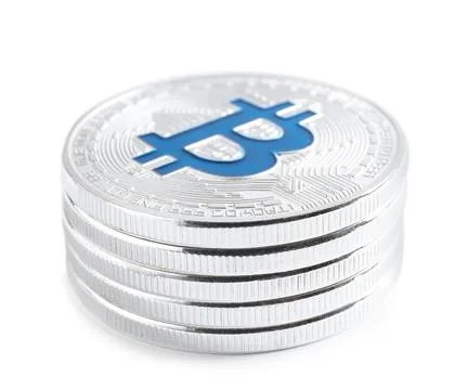 Stack of bitcoins isolated on white. Digital currency 스톡 사진