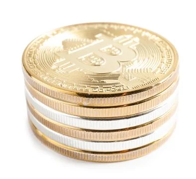Stack of bitcoins isolated on white. Digital currency Stock Photos