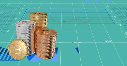 Stack of bitcoins over financial data processing against green background. Stock Footage 138886832