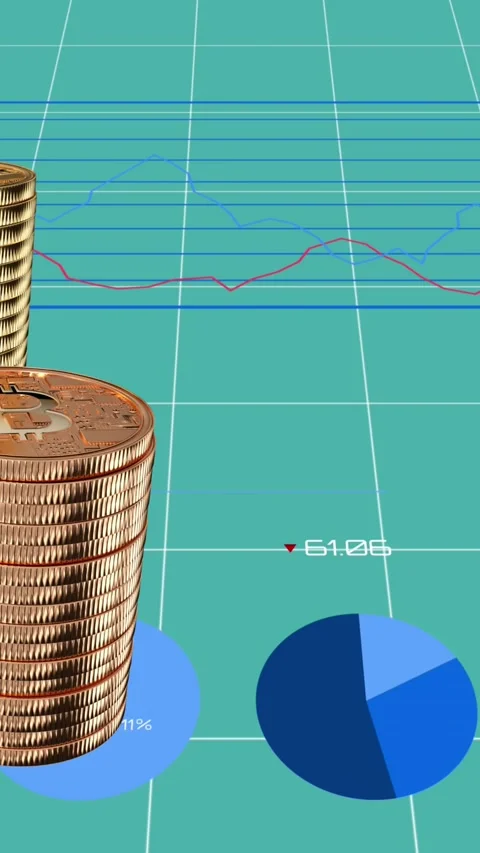 Stack of bitcoins over financial data processing against green background. Stock Footage 343641079