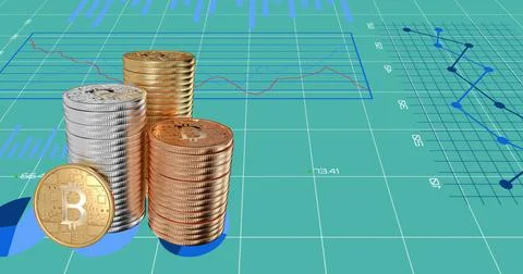 Stack of bitcoins over financial data processing against green background. Stock Illustration