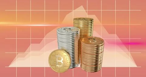 Stack of bitcoins over grid lines against orange background. Illustrazione stock