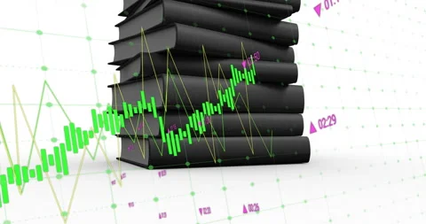 Stack of black books with financial data processing animation over white Stock Footage 304851770