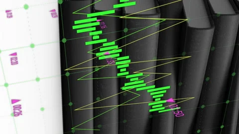 Stack of black books with financial data processing animation over white Stock Footage 313095581