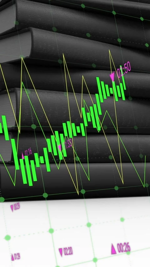 Stack of black books with financial data processing animation over white Stock Footage 320034678