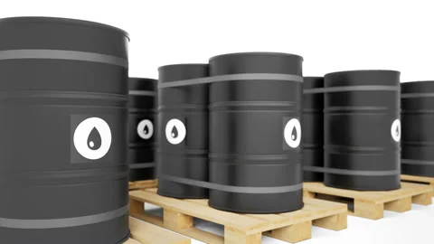 Stack of black metal barrels with an oil symbol. 動画素材 116042607