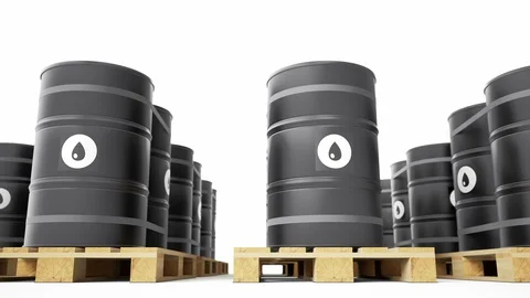 Stack of black metal barrels with an oil symbol. 動画素材 116042694