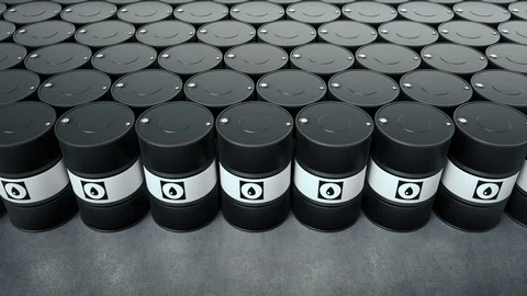 Stack of black metal oil barrels, camera move along endless fuel cans. 動画素材 119351491