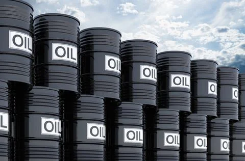 Stack of black oil barrels against blue sky, 3d rendering Stock Illustration