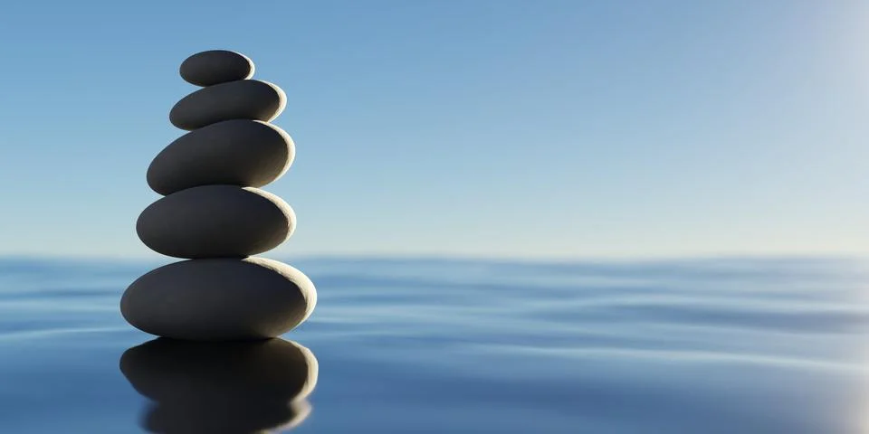 Stack of black pebbles in balance on blue water surface with sky background.. Stock Illustration