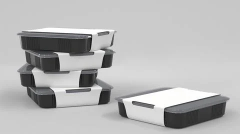 Stack black plastic disposable food containers, 3d render. Realistic mockup イラスト素材