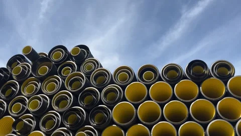 Stack of black plastic pipes used for drainage, ventilation, sewage systems Stock Footage 337241122