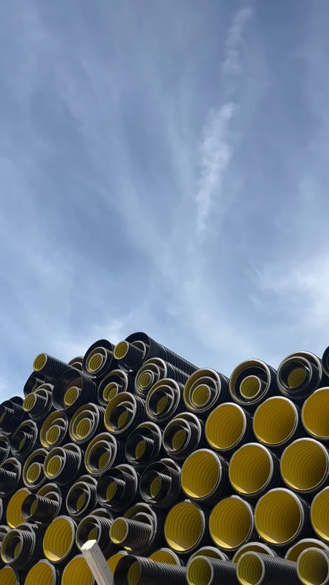 Stack of black plastic pipes used for drainage, ventilation, sewage systems 库存影片 337241336