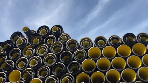 Stack of black plastic pipes used for drainage, ventilation, sewage systems 库存影片 337241387