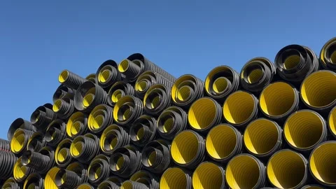 Stack of black plastic pipes used for drainage, ventilation, sewage systems 库存影片 337242131