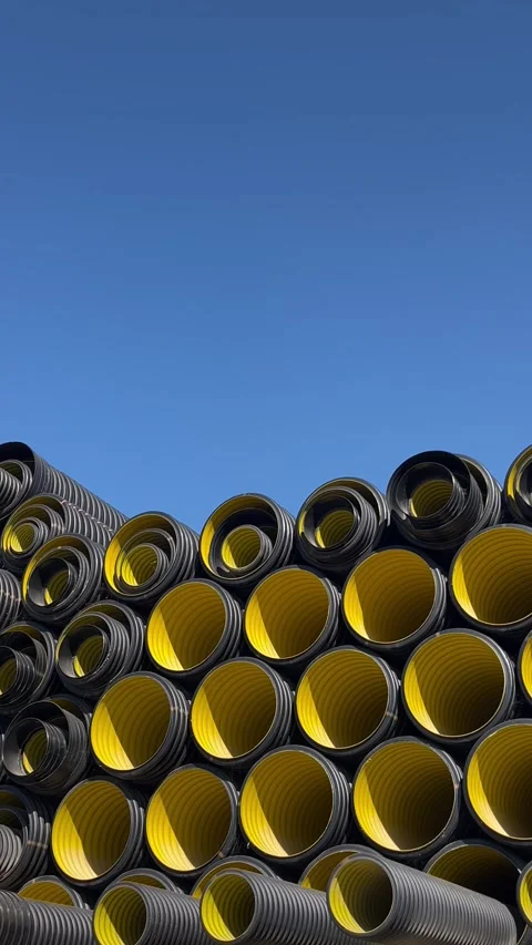Stack of black plastic pipes used for drainage, ventilation, sewage systems 库存影片 337242132