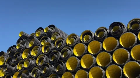 Stack of black plastic pipes used for drainage, ventilation, sewage systems 库存影片 337242161